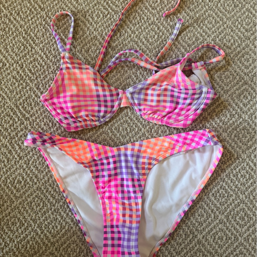 Xhilaration Pink Purple Orange Gingham Womens Two-Piece Swim Set